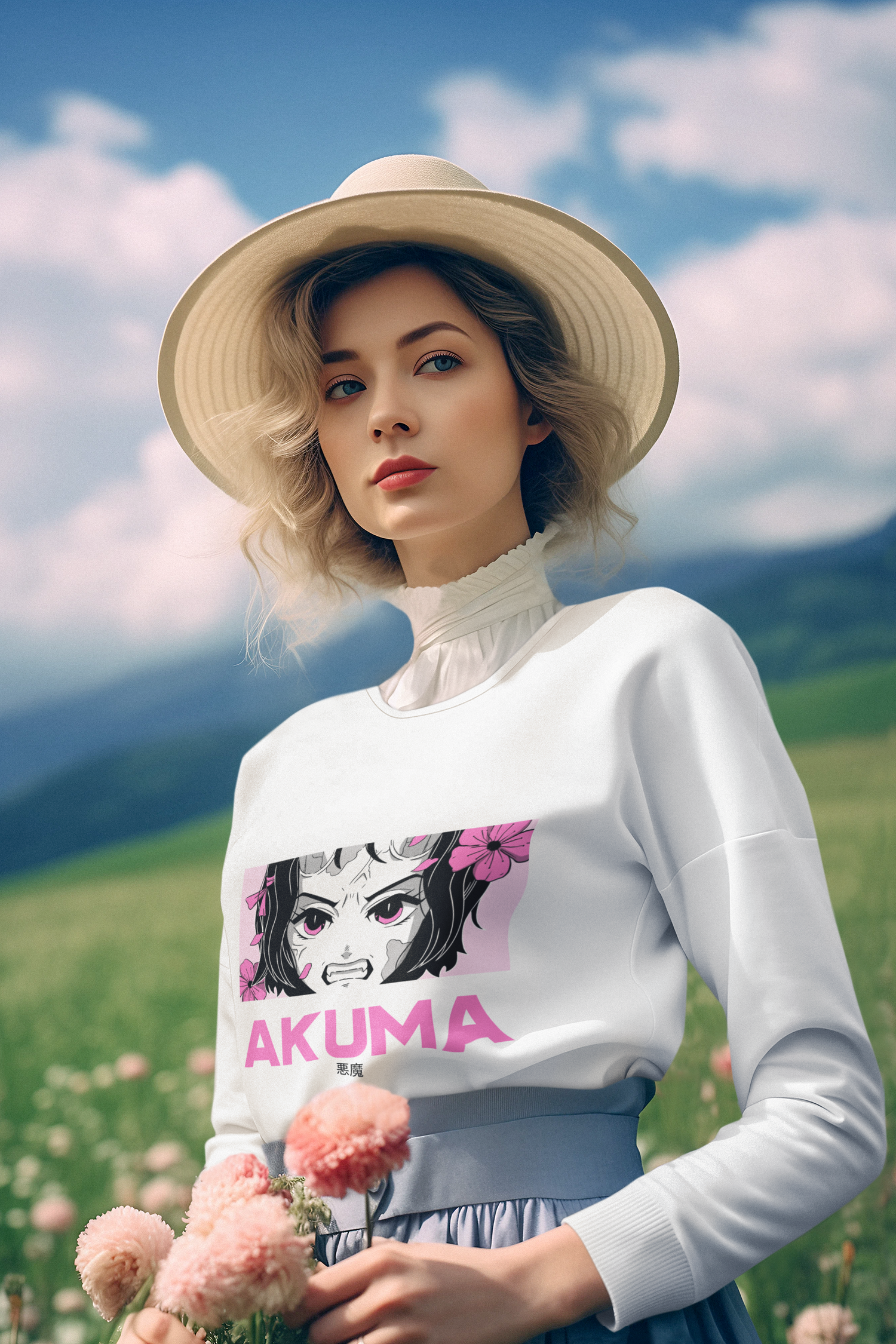 Fashionable woman in Syntax Style Hub attire, wearing a graphic sweatshirt paired with a stylish hat, set against a serene natural backdrop.