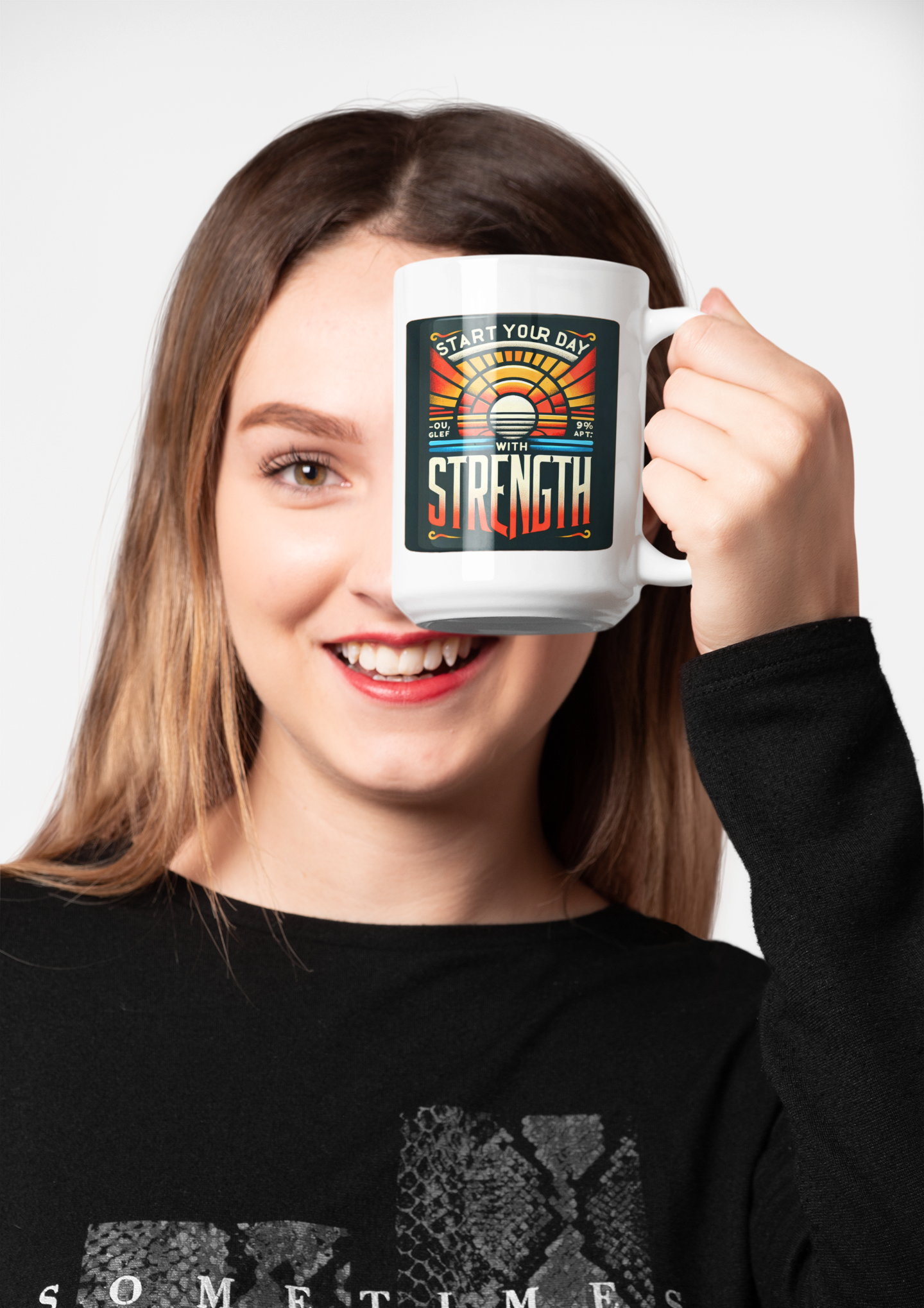 Woman holding a Syntax Style Hub coffee mug with motivational quote, part of our unique accessories range.