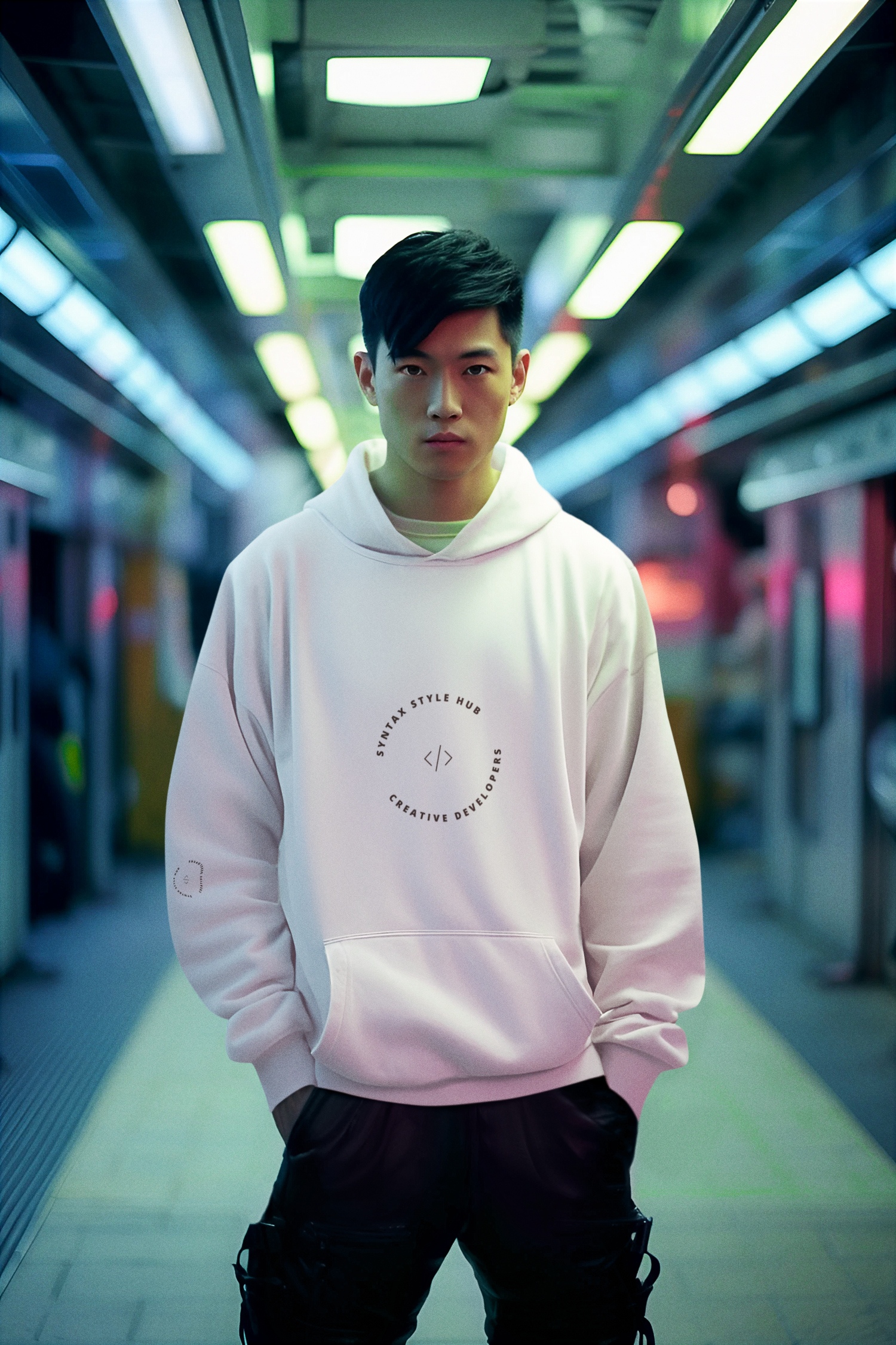 Man wearing a Syntax Style Hub casual sweatshirt on urban background