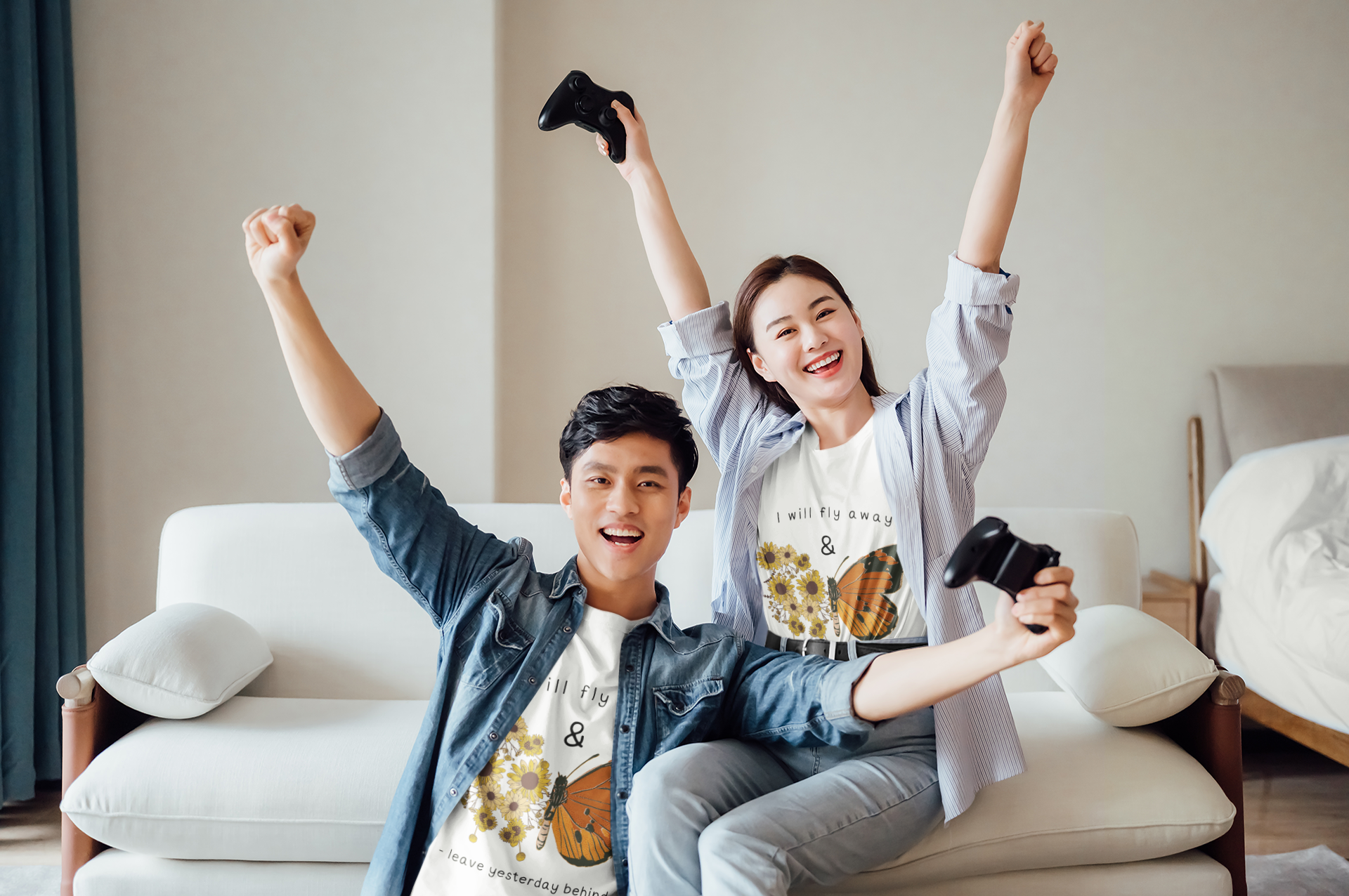 Joyful couple enjoying gaming in comfortable Syntax Style Hub apparel