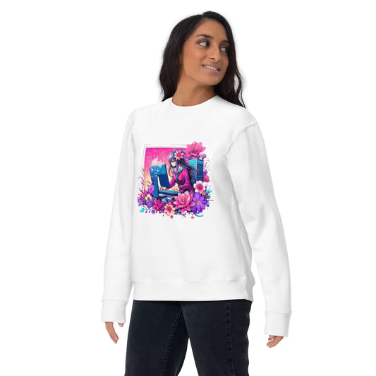 Model wearing a white unisex premium sweatshirt with a vibrant floral and figurative art print on the front, from Syntax Style Hub's casual collection